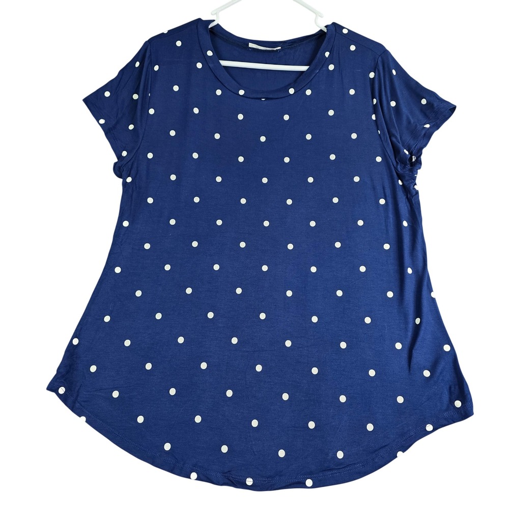 BOMBOM Polka Dot Top Women XL Blue Short Sleeve Rayon Spandex Nautical Preppy